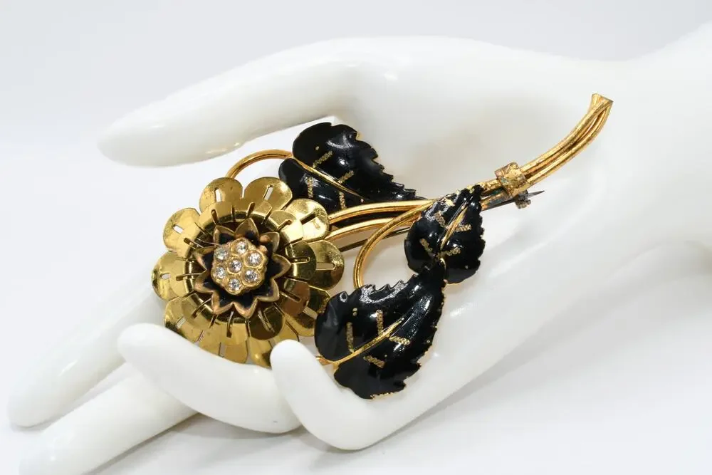 Vintage Large Flower Brooch Black Enamel Leaves Rhinestone Center Brass